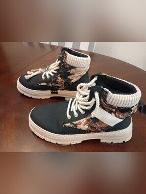 Textured Floral High-Top Boots in Black and Cream